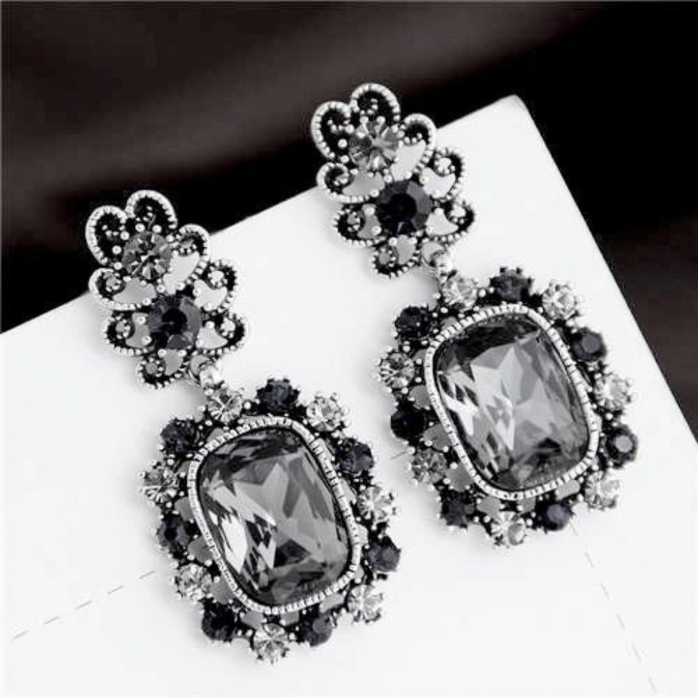 Dark Gray Vintage Crystal Dangle Earrings Posts